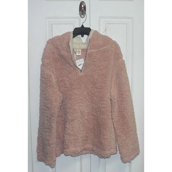 Forgotten Grace Women's Hooded Quarter Zip Faux Shearling Pullover Blush Large - Picture 3 of 6